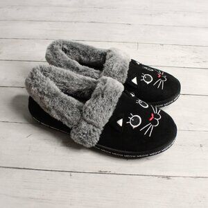 Bobs Women's Plush Cat Slippers Size 6.5 Black Meow